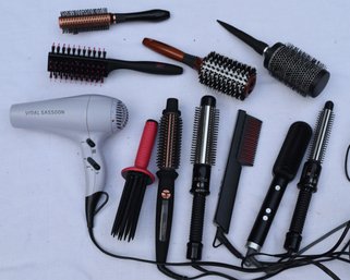 Amazing H & B Lot Of Six Curl/ Straightener Irons, Four Round Brushes And A Vidal Sassoon Hair Dryer