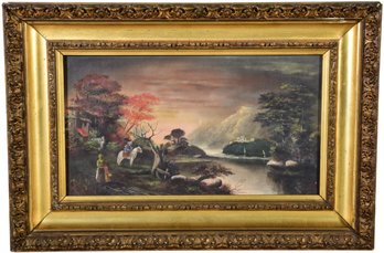 79/317 Signed Illegibly Oil On Canvas Painting Depicting A Riverscape Scene With Castle In Gilt Wood Frame