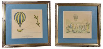 Pair Of Antique Hand Colored Framed Hot Air Balloon Prints