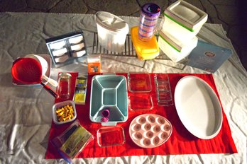 Expansive Kitchen Lot W/ Deviled Egg And Zak Designs Oval Platters, Glass Bakeware, Storage & Entertaining