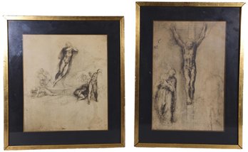 Michelangelo Buonarroti 'Study For An Ascension' And 'Crucifixion' Framed Antique Prints