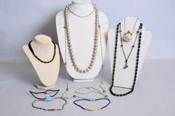 Nice Collection Of Ten Vintage Costume Necklaces Including A Miniature Rhinestone Purse With Leather Lining