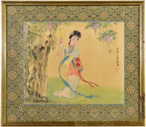 86/324 Vintage Chinese Silk Watercolor Painting With Textile Matting