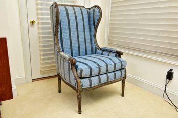 Custom Blue And Gold Upholstered Wingback Chair
