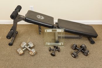 Jack LaLane Workout Bench, Dumbbells (3lb, 10lb , 15lb) And Homedics Weight Scale