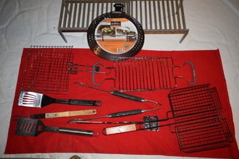 Large Lot Of Heavy Duty Grilling Utensils, Baskets, Racks & Pan For Stir Fry & Cooling Racks