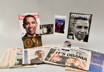 Collection Of Barack Obama Memorabilia (Newspapers, Magazines And Pin)