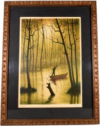 99/337 Original Lithograph Numbered 245/375 Signed Illegibly Depicting A Man In A Boat With COA