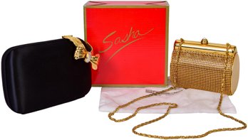 Sasha Convertible Gold Clutch/Shoulder Bag And Talk Of The Walk Black Satin Clutch With Golden Bow