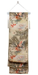 Japanese Silk Embroidered Bird Design Kimono Obi / Table Runner With Lucite Hanging Rod