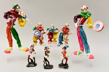 Collection Of Eight Paper Mache And Metal Clown Figurines