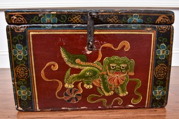 Antique Tibetan Foo Dog Hand Painted Wooden Box