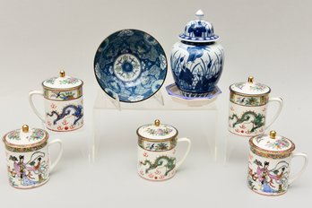 Set Of Five Chinese Hand Painted Porcelain Lidded Cups, Chinese Ginger Jar And Chinese Bowl