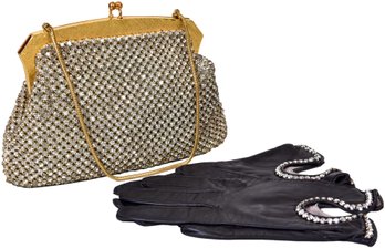 Vintage OROTON Rhinestone / Diamonte Handbag And Rhinestone Studded Leather Gloves
