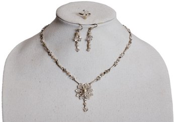 Sterling Silver Filigree Necklace, Earrings And Ring Set