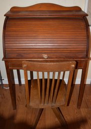 Antique Children's Roll Top Desk With Matching Adjustable Slat Back Chair