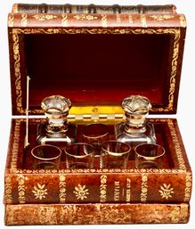 Antique French Gilt Leather Tantalus Secret Book Liquor Box With Decanters And Glasses