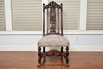 Renaissance Revival Carved Walnut Upholstered Side Chair With Nailhead Stud Trim