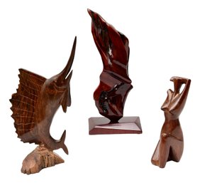 Artist Signed Reggie Medford Mahogany Abstract Sculpture, Carved Rosewood Swordfish And Female Nude Sculpture