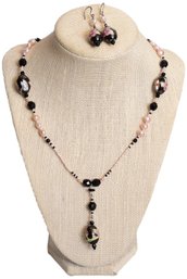 Genuine Pink Pearls And Hand Painted Beaded Necklace With Matching Earrings