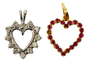 14k White Gold And Diamond Heart Pendant And 18k Yellow Gold Ruby Heart Pendant