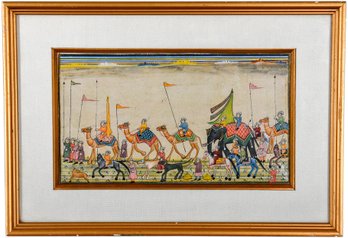 Framed Indian Painting Depicting A Procession Of Camels, Elephants, Horses And More