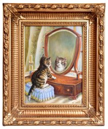 Kitten Looking At His Reflection Canvas Art In Gilded Carved Wood Frame