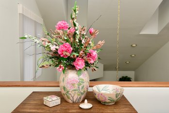 Chinese Hand Painted Porcelain Vase With Faux Floral Arrangement, Trinket Box And Bowl