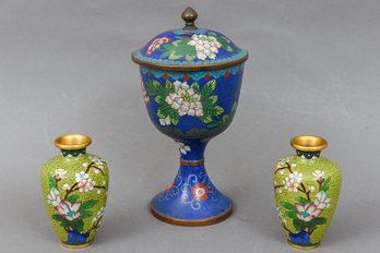 Pair Of Chinese Cloisonne Enameled Vases And Covered Chalice