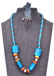Turquoise Coral Necklace With Sterling Silver Beads, Clasp And Taxco Sterling Silver Parrot Brooch