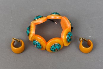 Costume Jewelry Bracelet And Pair Of Bakelite Clip-on Earrings