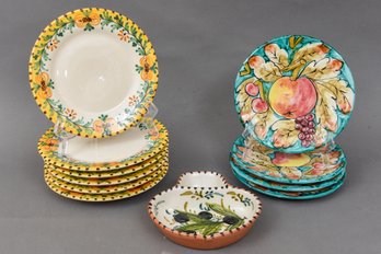 Set Of Six Casafina Nazari Hand Painted Plates, Set Of Four Italian Plates And Olive Bowl