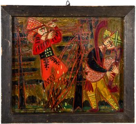 130/7243 Signed Irena Makowey Folklore Reverse Painting On Glass From The Old Region Of Tatra Mountains