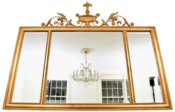LaBarge Three Panel Antique Gold Metal Leaf Hepplewhite Style Wall Mirror With Beveled Edge