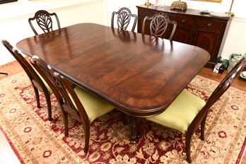 Drexel Heritage Robinson Double Pedestal Table, Six Spencer Splat Back Chairs, Two Leaves And Table Pads