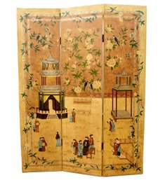 Chinoiserie Hand Painted Three Panel Screen With Pagodas And Flowers Purchased At Gumps