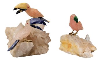 Pair Of Hand Carved Rose Quartz Gemstone Parrot And Toucan Bird Figurines