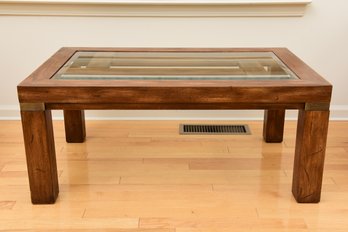 Drexel Heritage Woodbriar Pecan Campaign Style Glass Top Coffee Cocktail Table