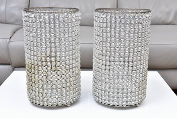 Pair Of Crystal Cylinder Candle Holders With Mirrored Bottoms