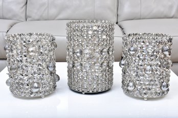 Set Of Three Crystal Cylinder Candle Holders With Mirrored Bottoms