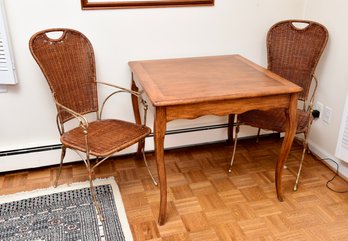 Buying & Design Italian Game / Dining Table With Two Wicker And Gilt Metal Chairs