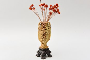 Chinese Carved  Dragon Soapstone Vase On Stone Base