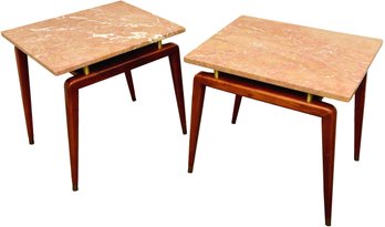 Pair Of Mid-Century Italian Teak And Marble Top Side Tables