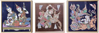Set Of Three Silk Framed Thai Art