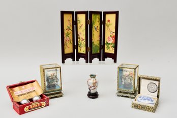 Pair Of FMCS Magnificent Imperial Journey Eggs, Miniature Chinese Screen, Cloisonne Vase And Chinese Stamp Kit