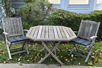 Wood Classics Teak Outdoor Patio Table With Matching Cushioned Arm Chairs