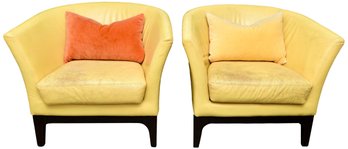 Pair Of West Elm Yellow Leather Barrel Back Chairs With Pair Of Throw Pillows