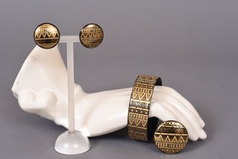 Signed STEINBOCK Austria Wien Handmade 24K Gold And Black Enameled Bangle Bracelet, Earrings And Brooch