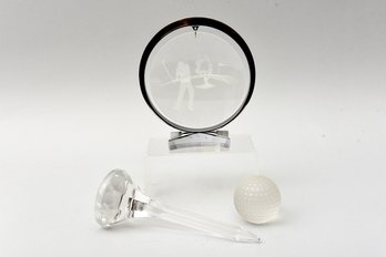 Tiffany & Co. Crystal Golf Ball, Val St. Lambert Golf Tee, Etched Glass Frosted Golfer Glass Disc With Stand