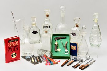 Collection Of Bar Essentials - Vintage Decanters, Hirschkrone Bar Set, Coasters And More